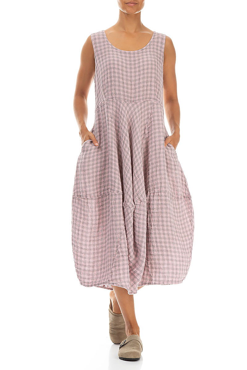 Sleeveless Balloon Pink Check Linen Dress 3