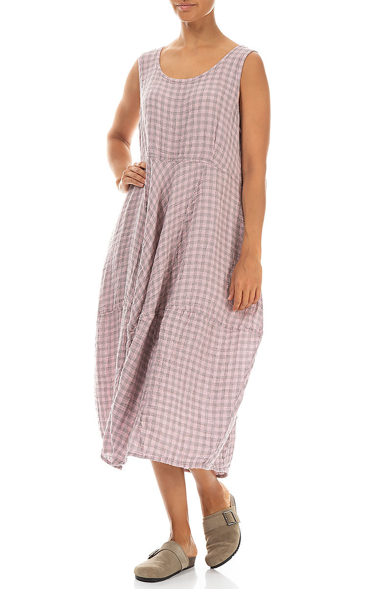 Sleeveless Balloon Pink Check Linen Dress 4