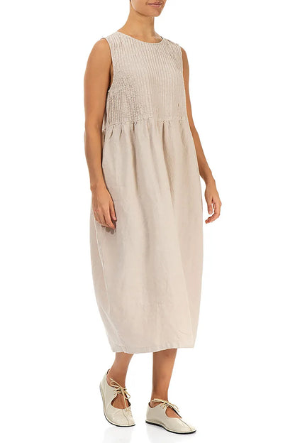 Ärmelloses Leinenkleid in Beige mit Biesen