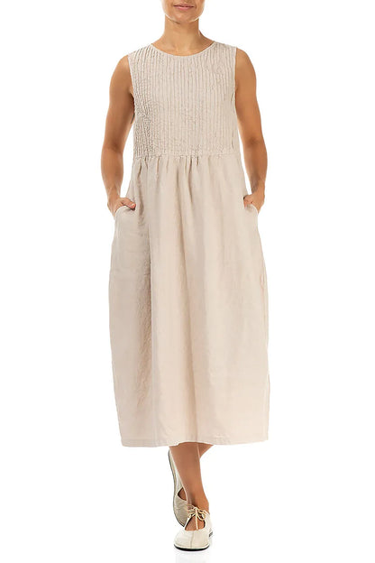 Ärmelloses Leinenkleid in Beige mit Biesen