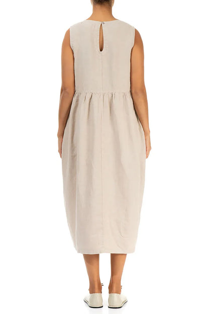 Ärmelloses Leinenkleid in Beige mit Biesen