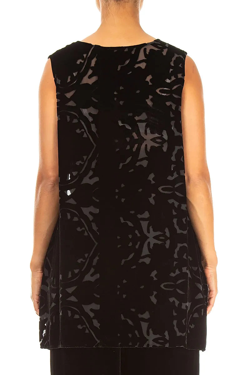 Sleeveless Black Devoré Ornament Silk Velvet Blouse