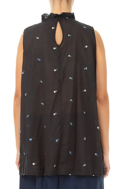 Sleeveless Black Embroidered Petals Cotton Blouse 2