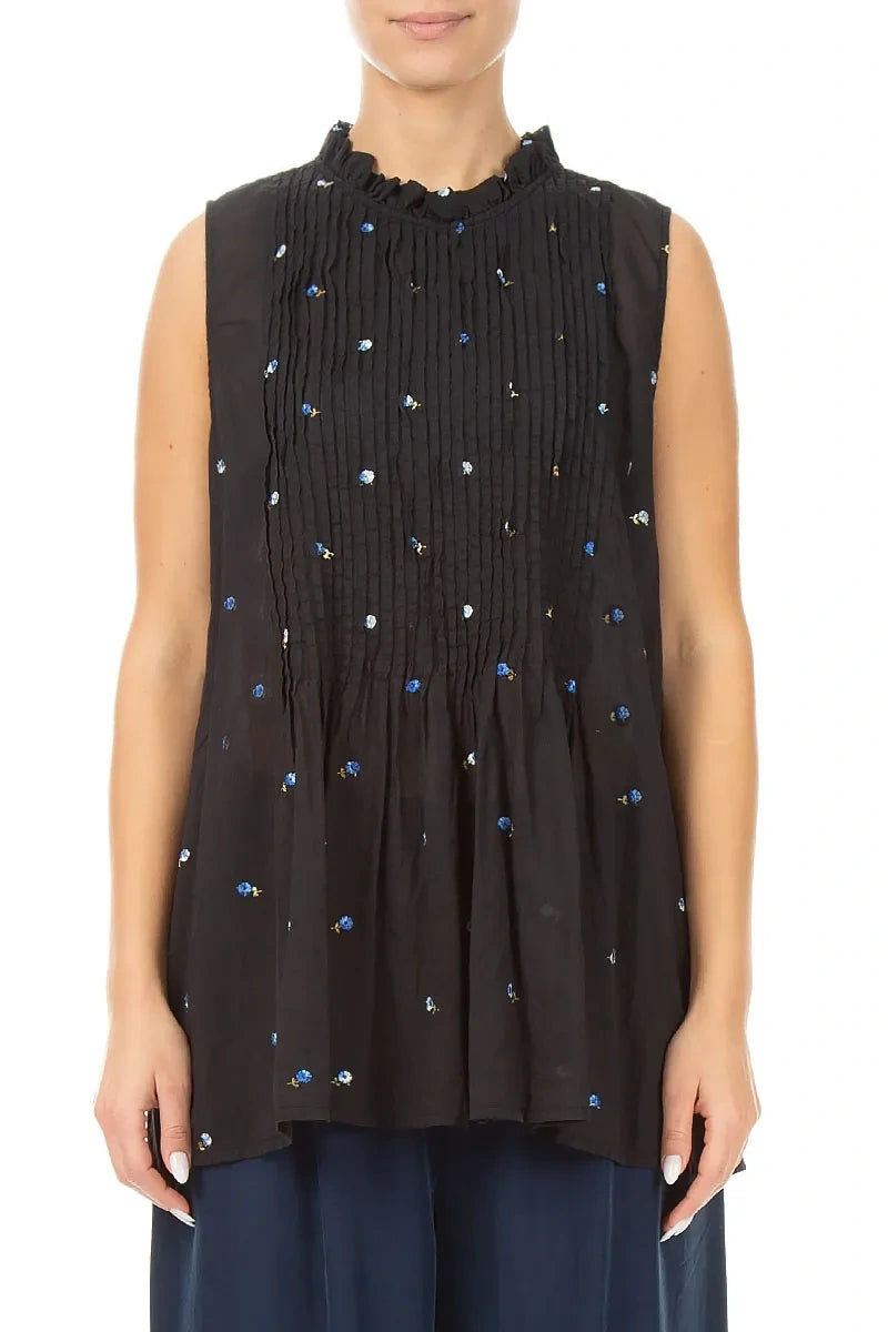 Sleeveless Black Embroidered Petals Cotton Blouse 1