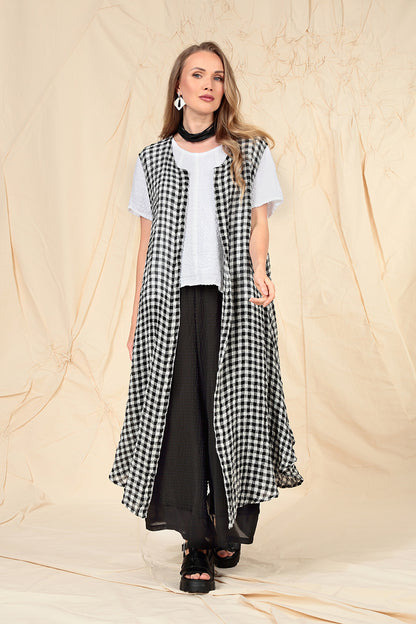 Sleeveless Black &amp; White Check Gauze Linen Vest 6