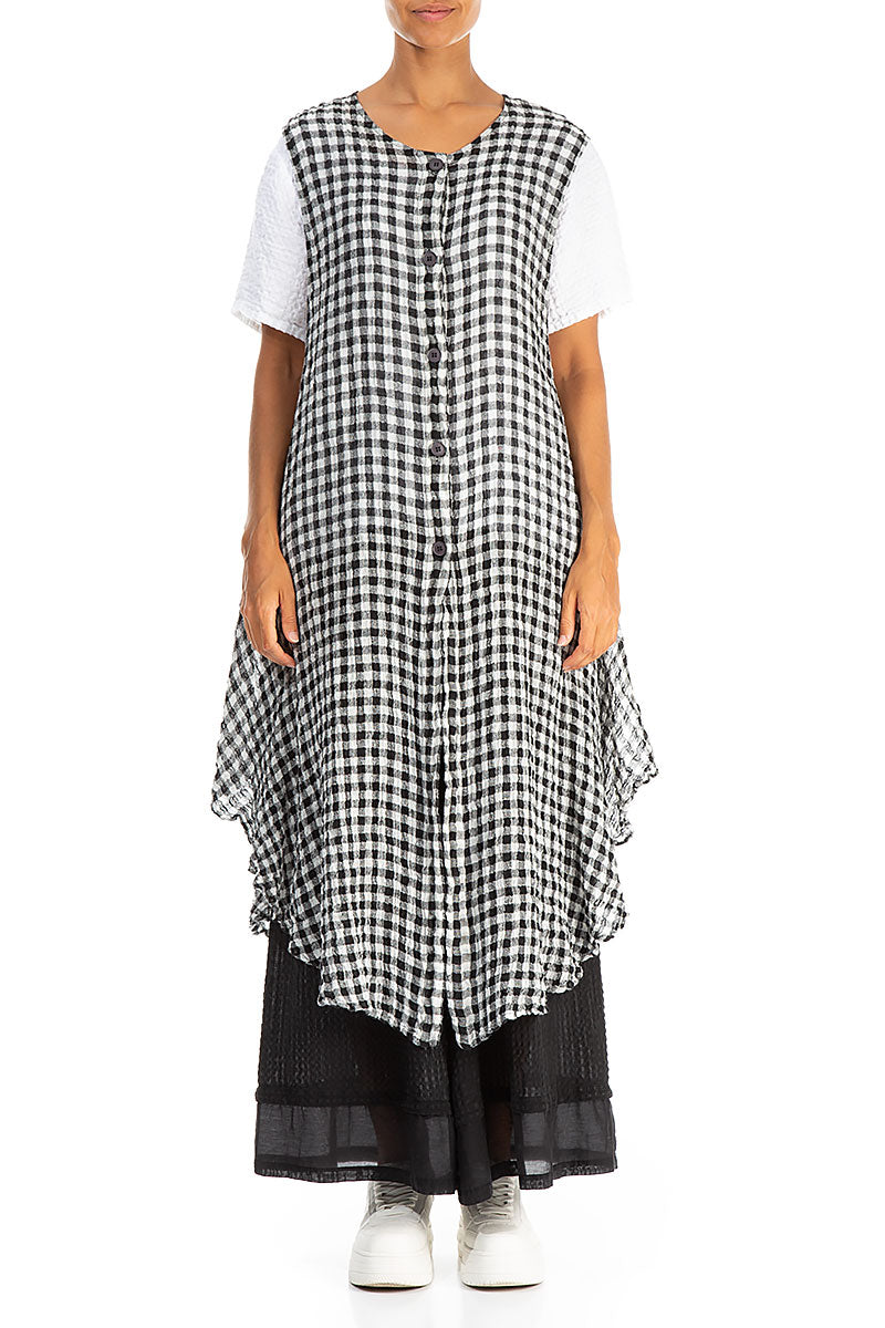 Sleeveless Black &amp; White Check Gauze Linen Vest 1