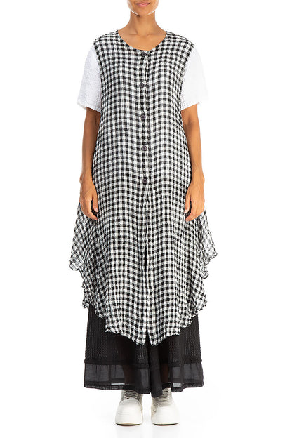 Sleeveless Black &amp; White Check Gauze Linen Vest 1