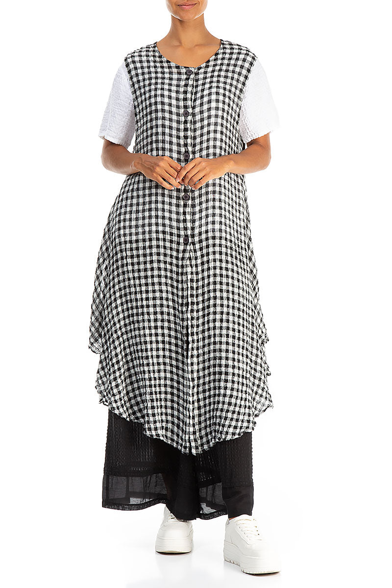 Sleeveless Black &amp; White Check Gauze Linen Vest 4