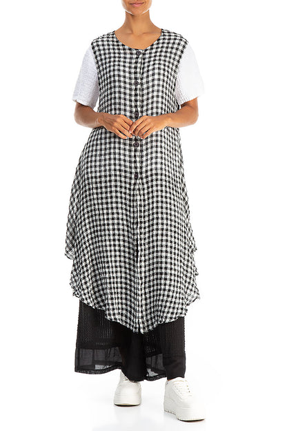 Sleeveless Black &amp; White Check Gauze Linen Vest 4