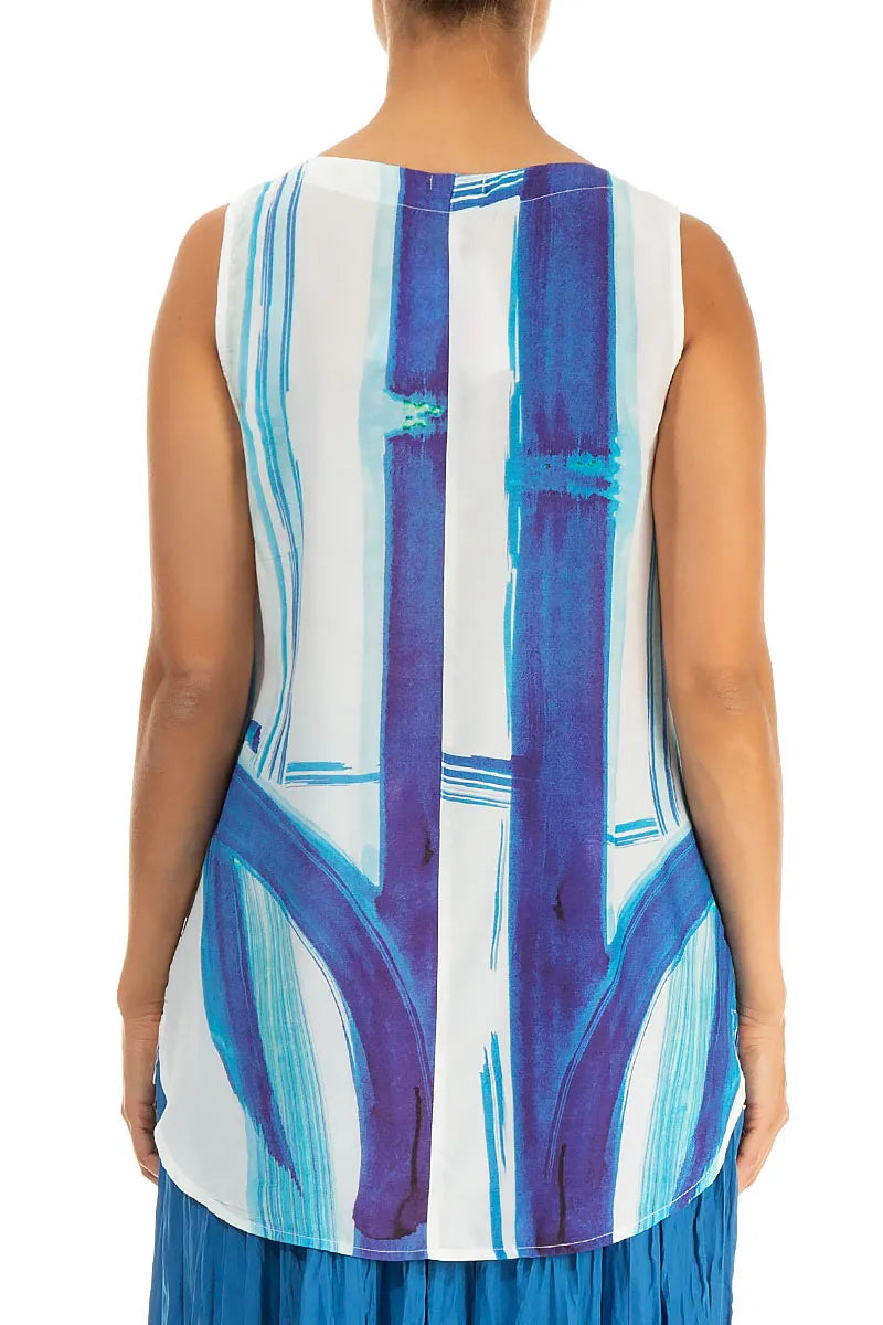 Sleeveless Blue Brushstroke Silk Bamboo Top