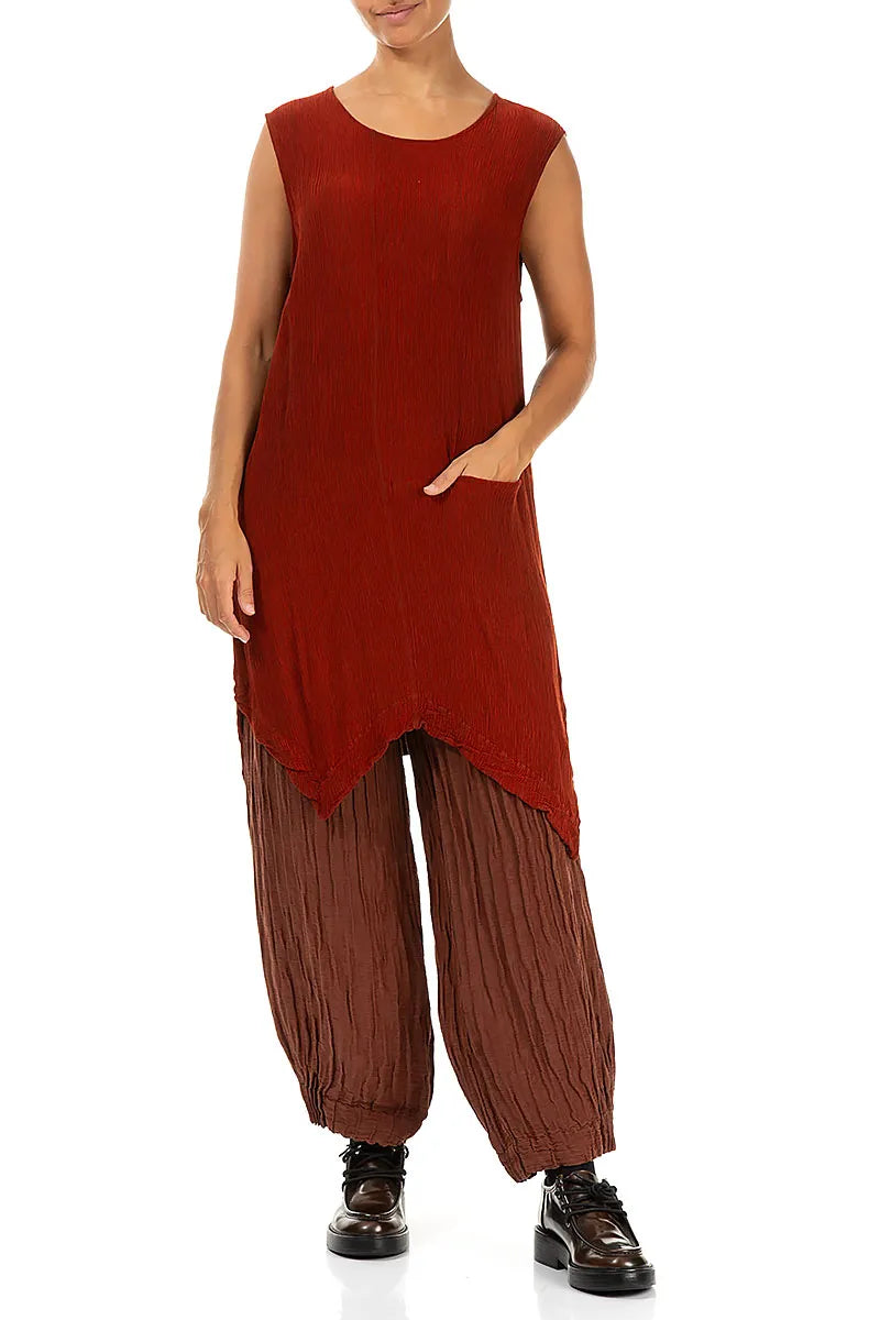 Tunique sans manches en soie et Viscose couleur brique