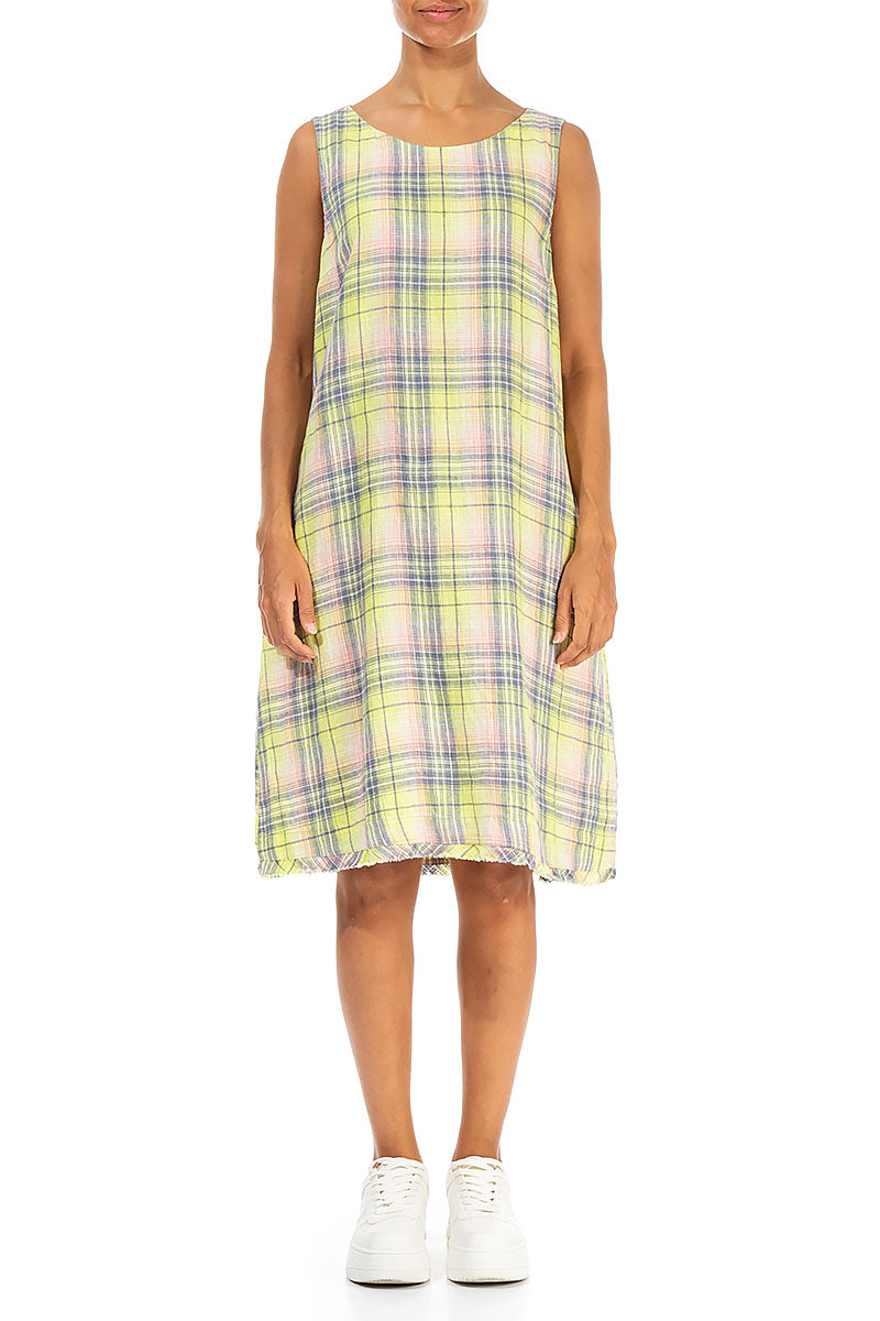 Sleeveless Checkered Lime Linen Dress