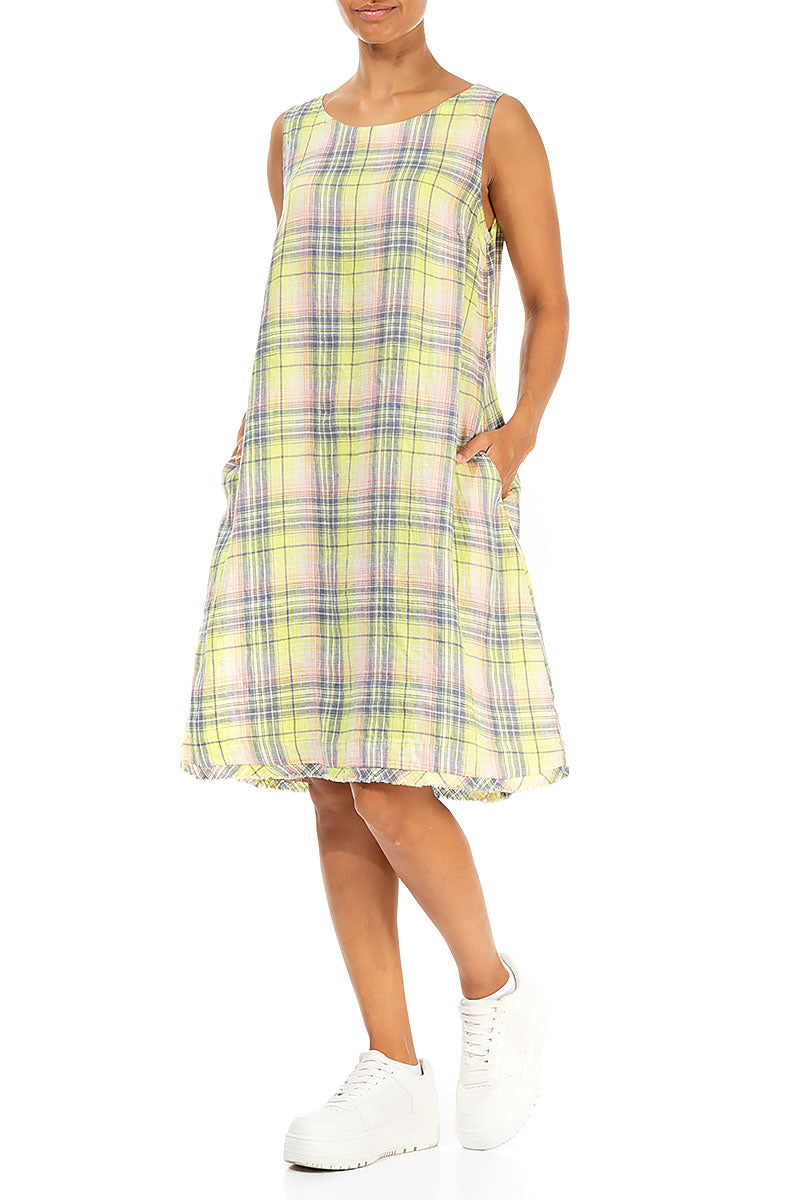 Sleeveless Checkered Lime Linen Dress