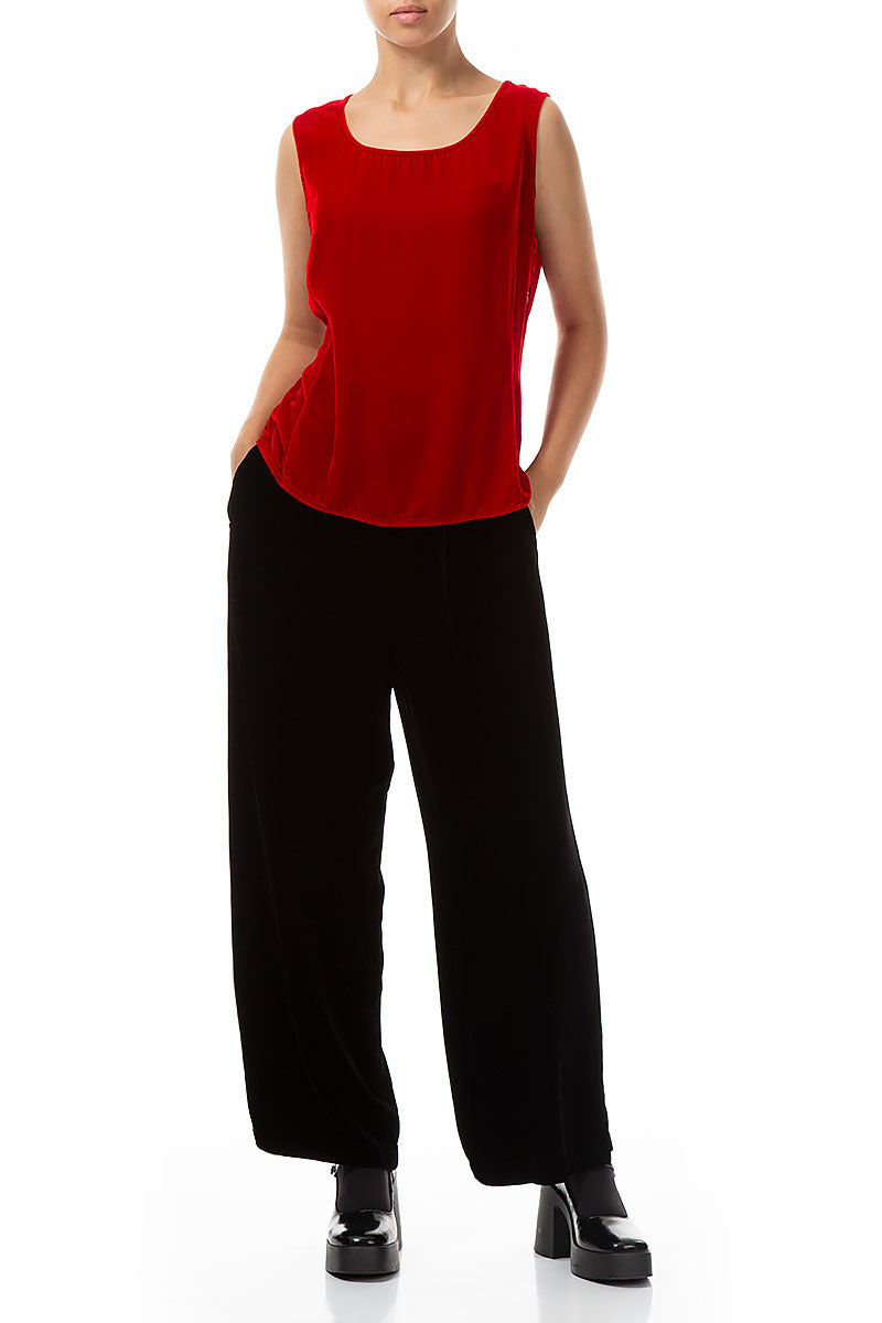 Ärmellose kirschrote Seidensamtbluse