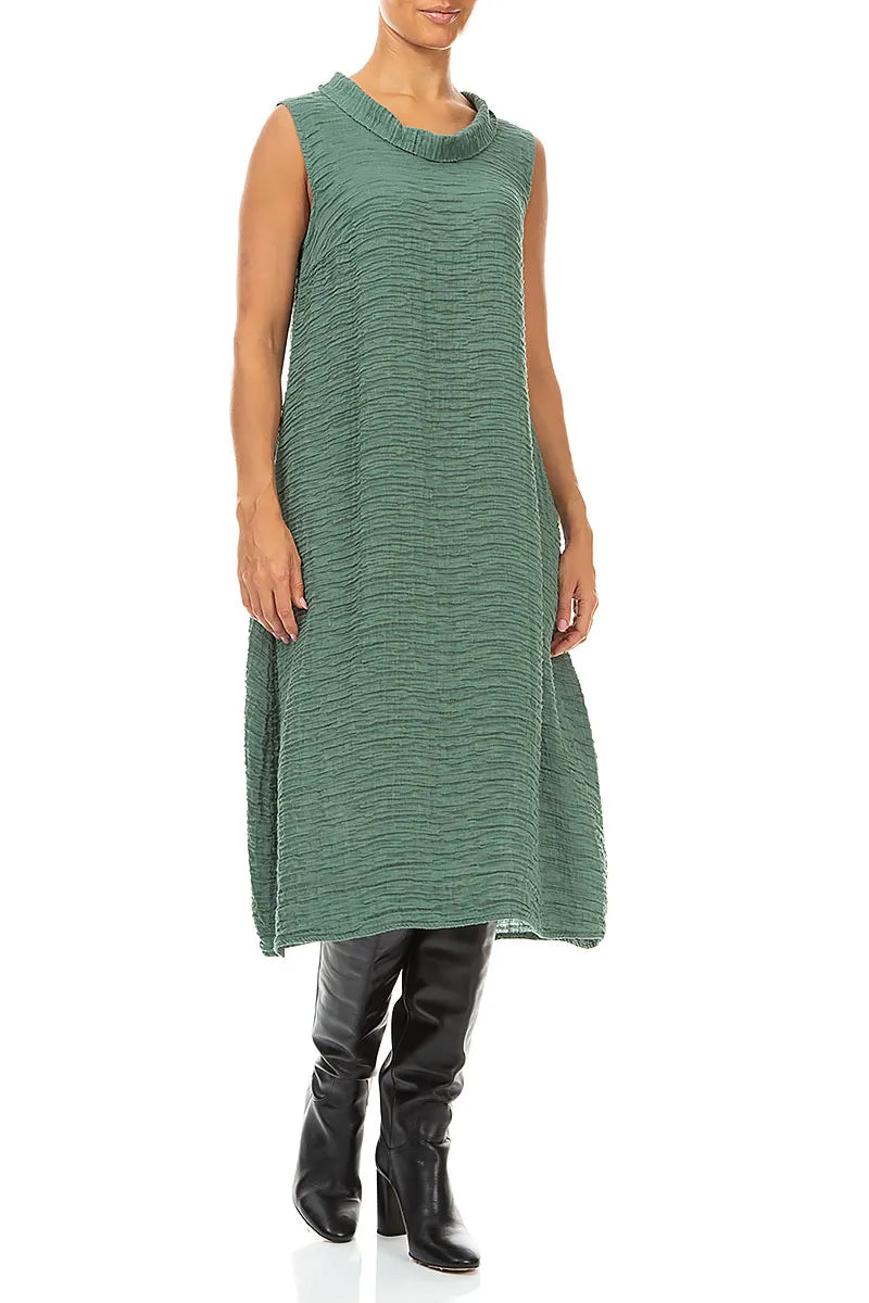 Sleeveless Cowl Neck Crinkled Sage Silk Dress 3