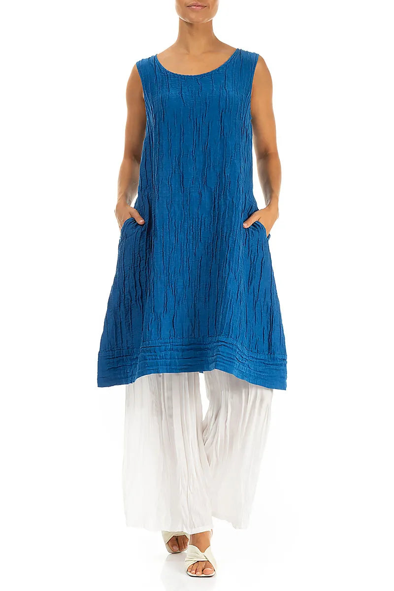 Sleeveless Crinkled Cobalt Blue Silk Linen Tunic Dress