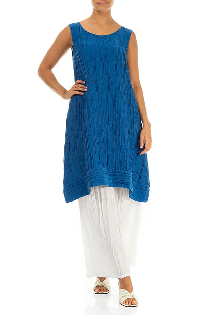Sleeveless Crinkled Cobalt Blue Silk Linen Tunic Dress