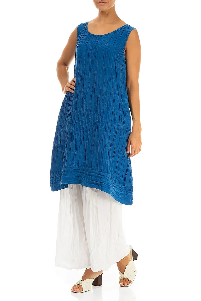 Sleeveless Crinkled Cobalt Blue Silk Linen Tunic Dress