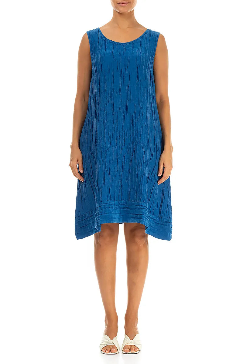 Sleeveless Crinkled Cobalt Blue Silk Linen Tunic Dress