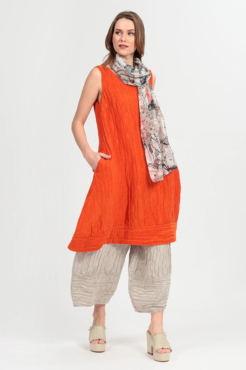 Sleeveless Crinkled Flame Orange Silk Linen Tunic Dress 1