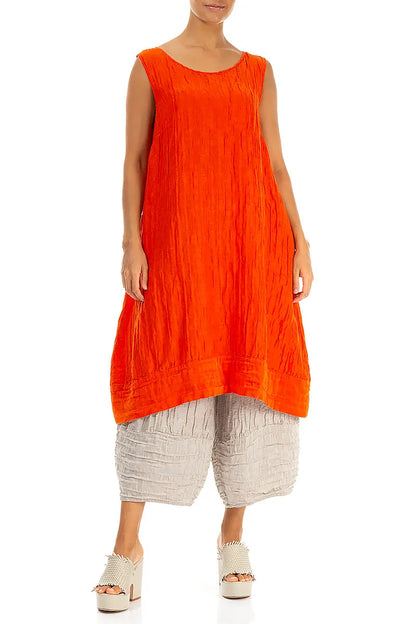 Sleeveless Crinkled Flame Orange Silk Linen Tunic Dress 4