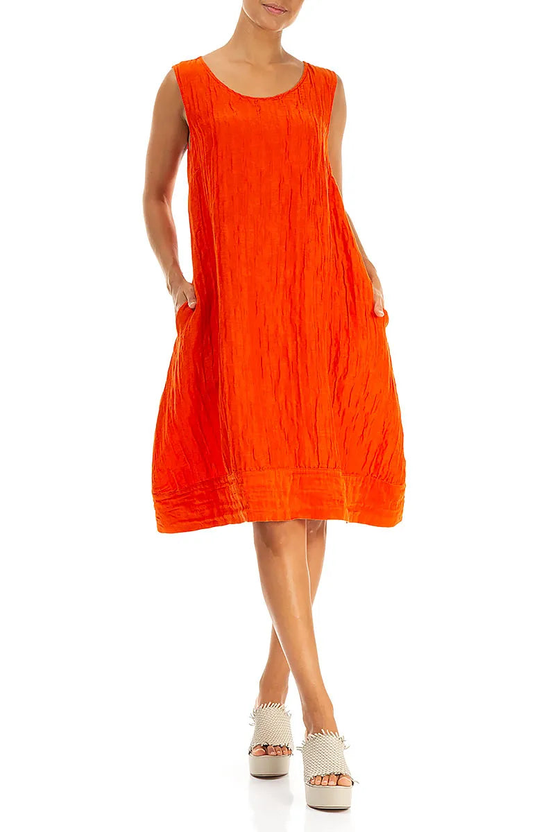 Sleeveless Crinkled Flame Orange Silk Linen Tunic Dress 5