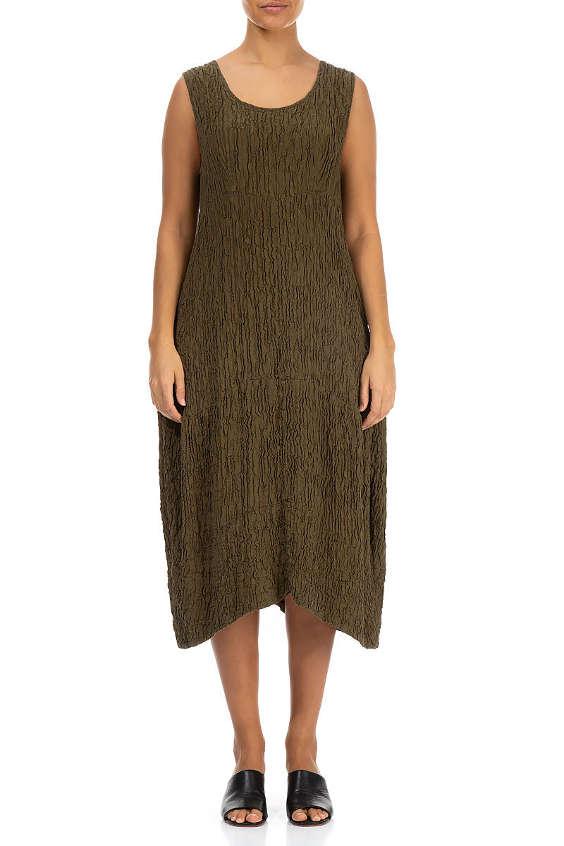 Sleeveless Crinkled Khaki Silk Dress 1