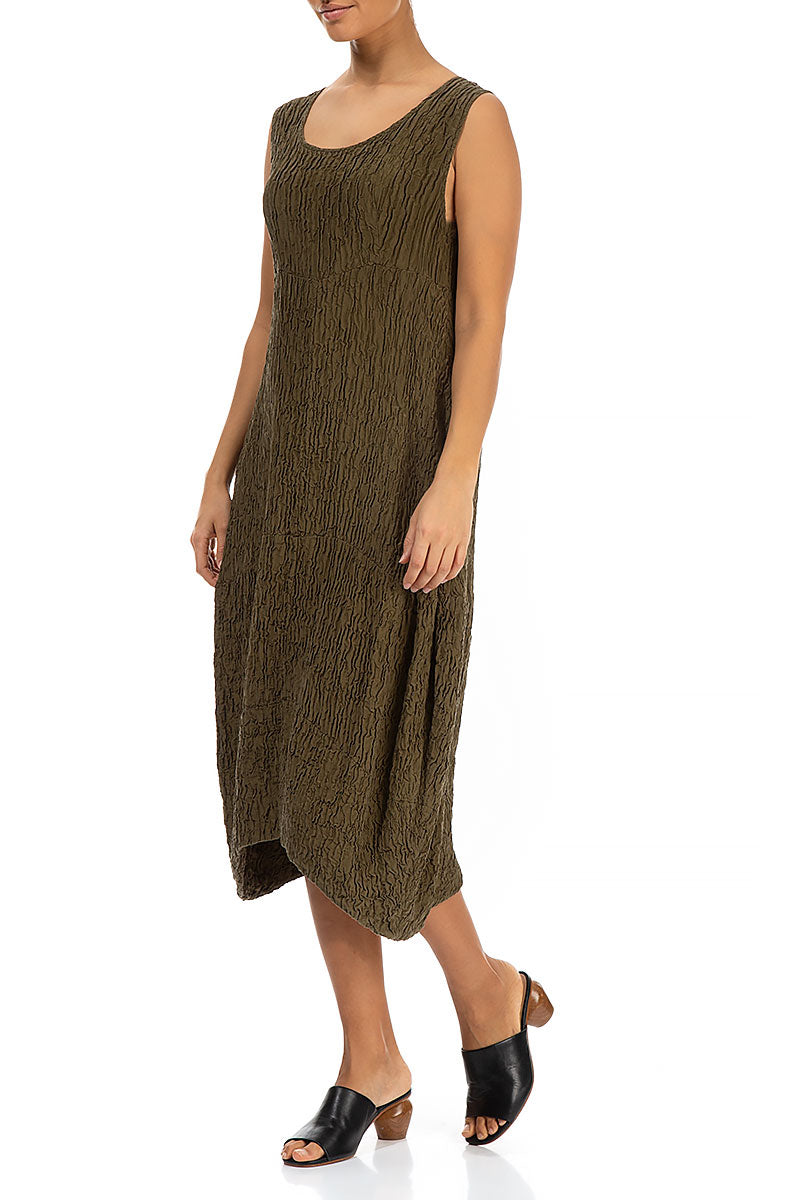 Sleeveless Crinkled Khaki Silk Dress 3