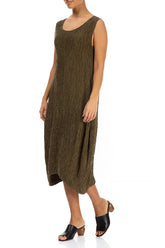 Sleeveless Crinkled Khaki Silk Dress 3