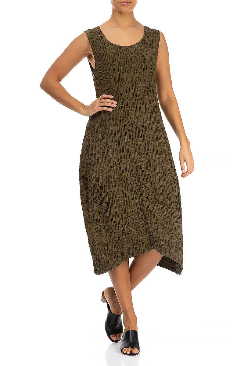 Sleeveless Crinkled Khaki Silk Dress 4