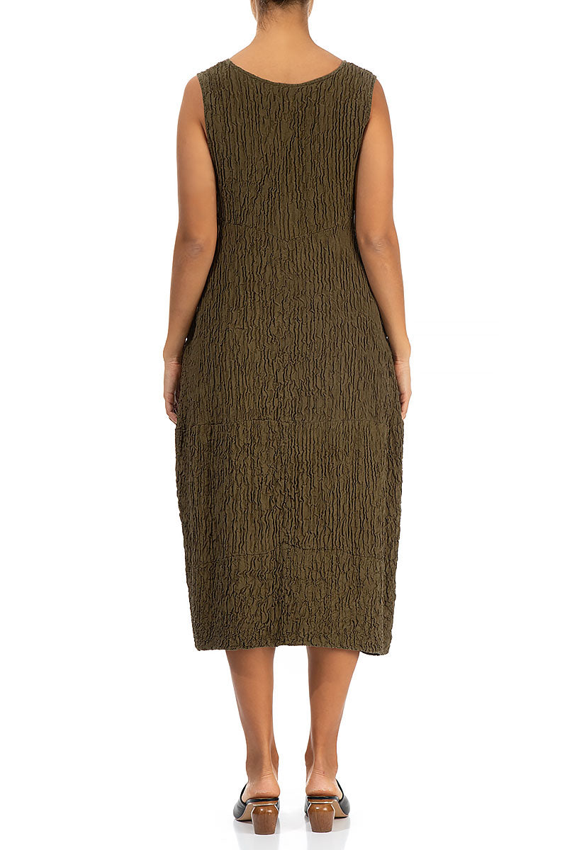 Sleeveless Crinkled Khaki Silk Dress 2