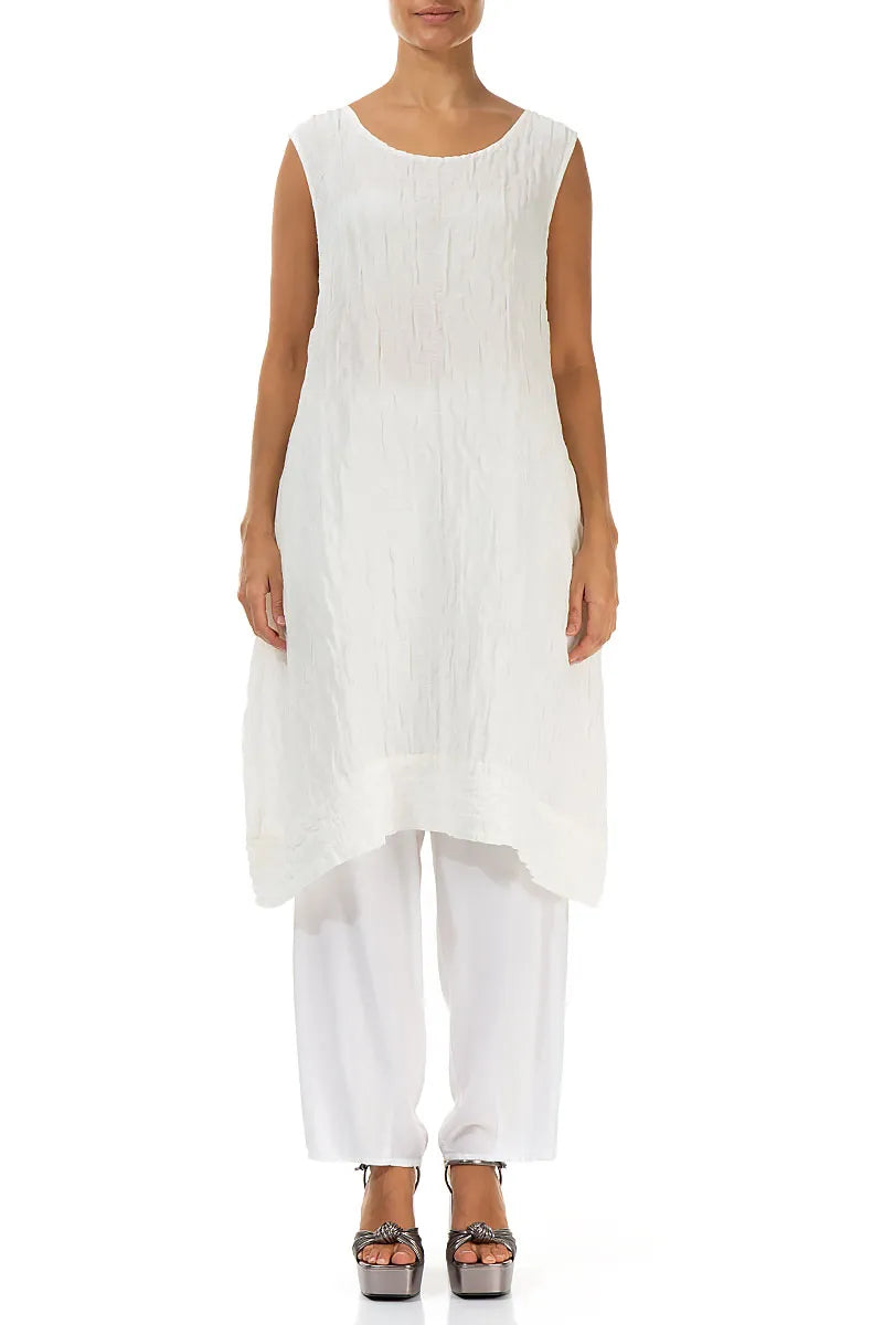 Sleeveless Crinkled White Silk Linen Tunic Dress 1