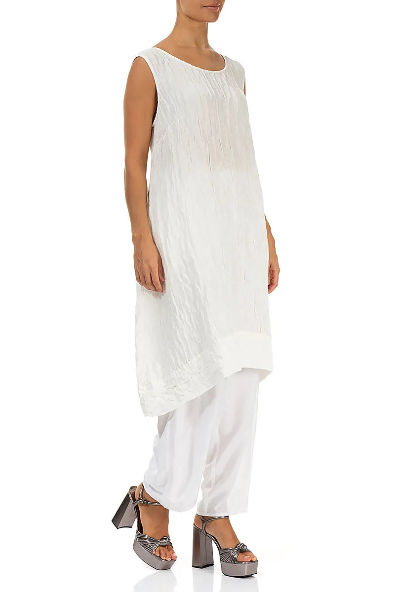 Sleeveless Crinkled White Silk Linen Tunic Dress 3