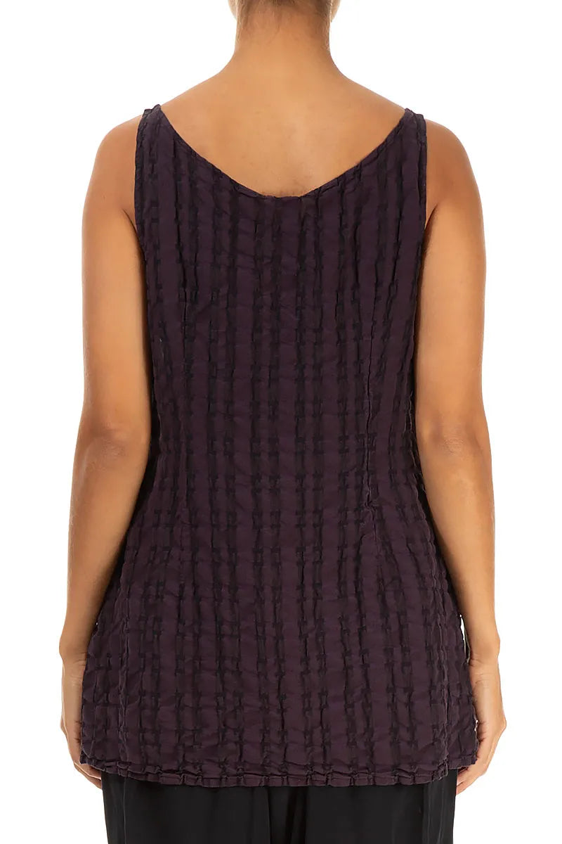 Sleeveless Dark Violet Checkered Linen Cotton Top