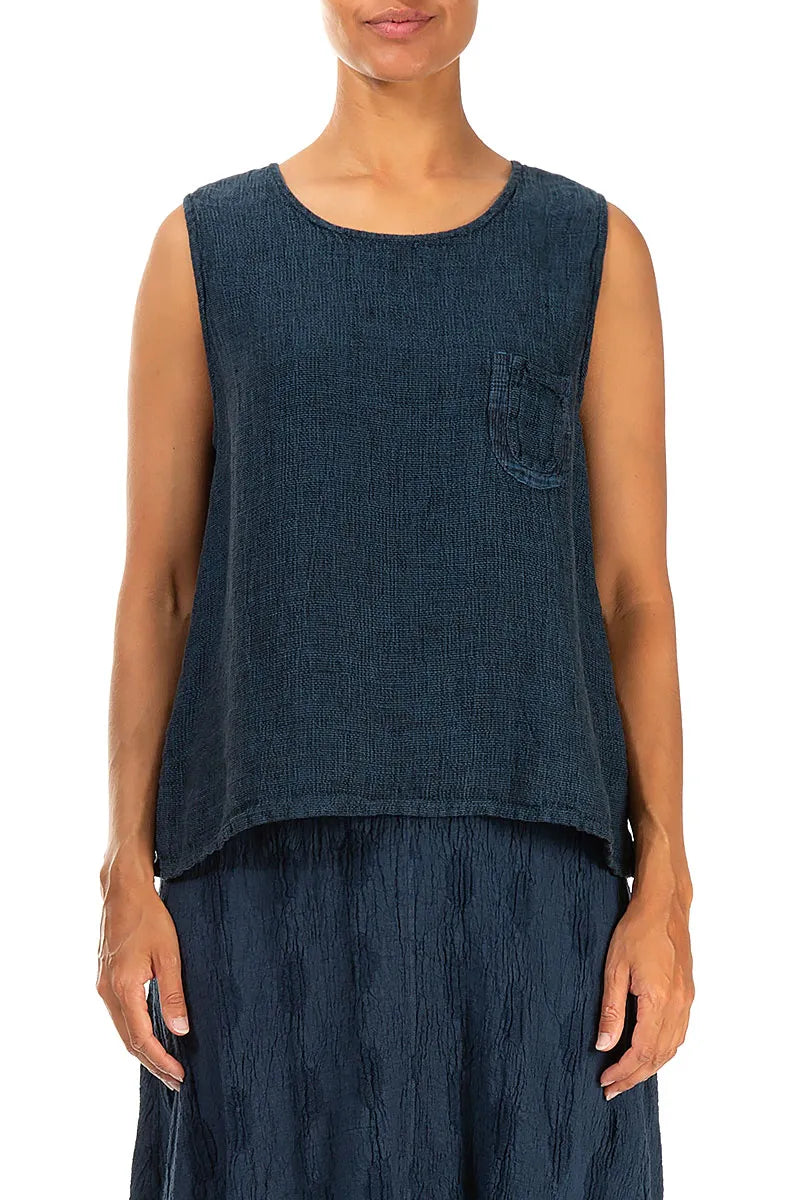 Sleeveless Denim Teal Mélange Linen Top 1