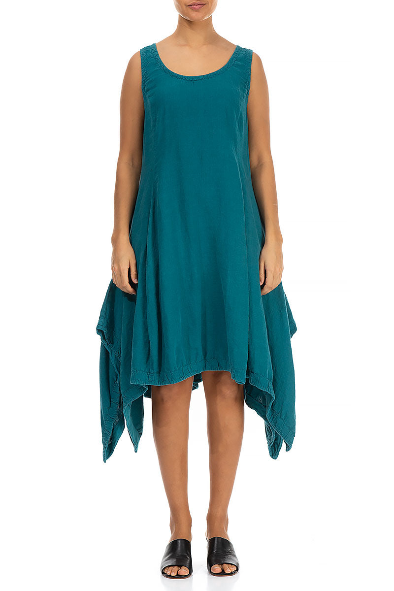 Sleeveless Dropped Edge Teal Linen Dress 1