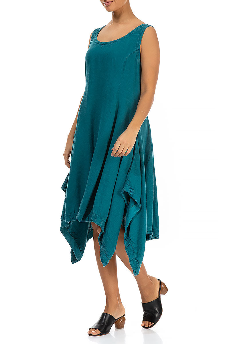 Sleeveless Dropped Edge Teal Linen Dress 3