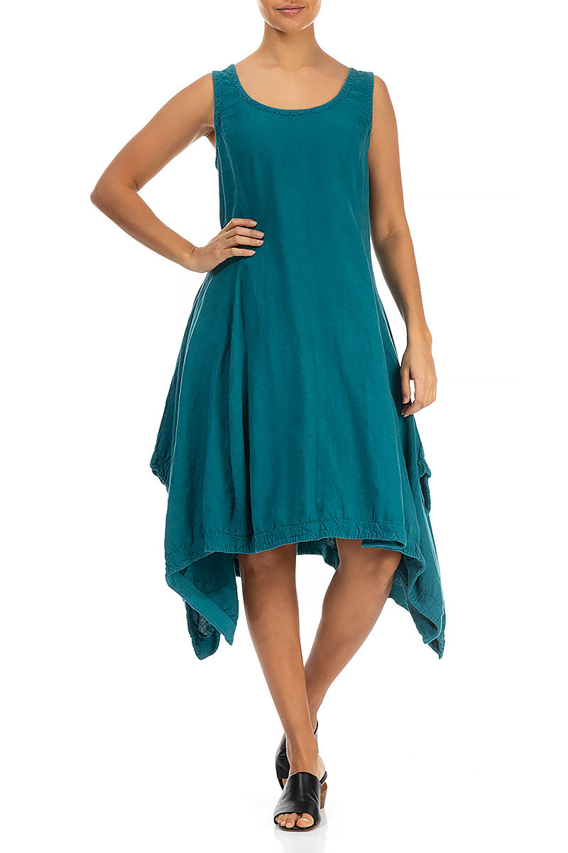Sleeveless Dropped Edge Teal Linen Dress 4
