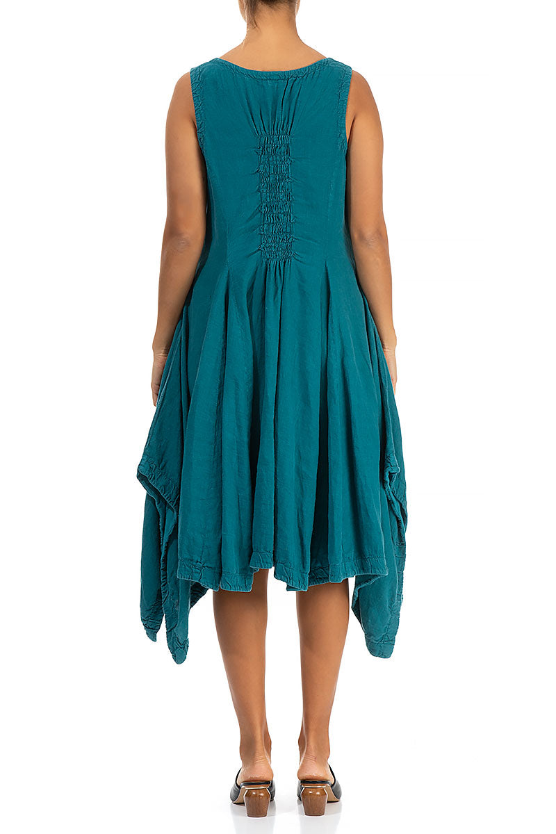 Sleeveless Dropped Edge Teal Linen Dress 2