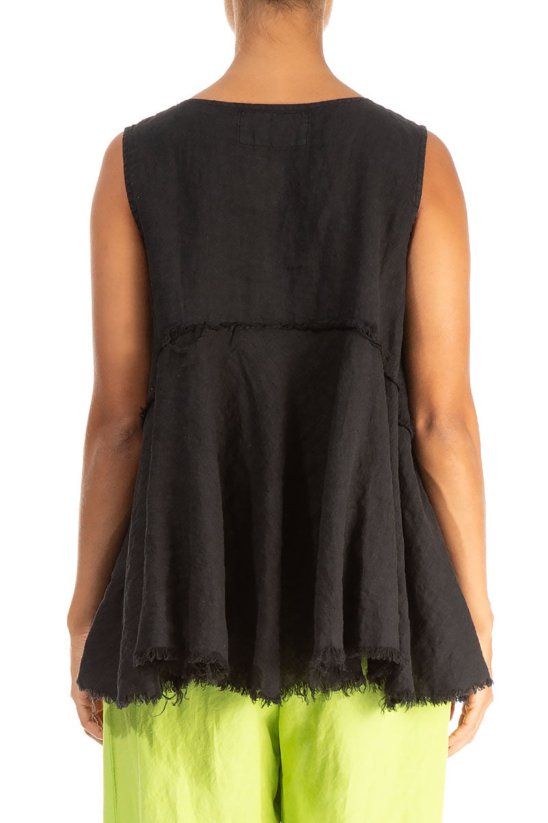 Sleeveless Flared Raw Edge Black Linen Blouse 2