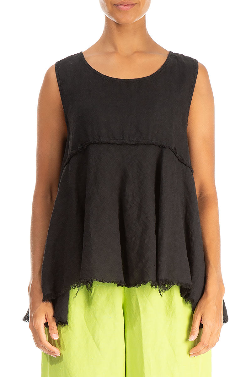 Sleeveless Flared Raw Edge Black Linen Blouse 1