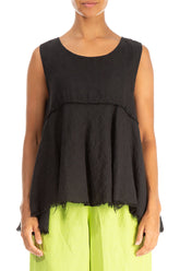 Sleeveless Flared Raw Edge Black Linen Blouse 1