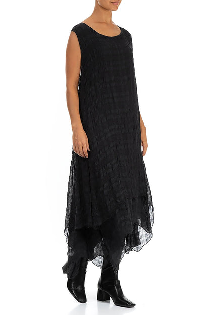 Sleeveless Flowy Black Textured Silk Dress