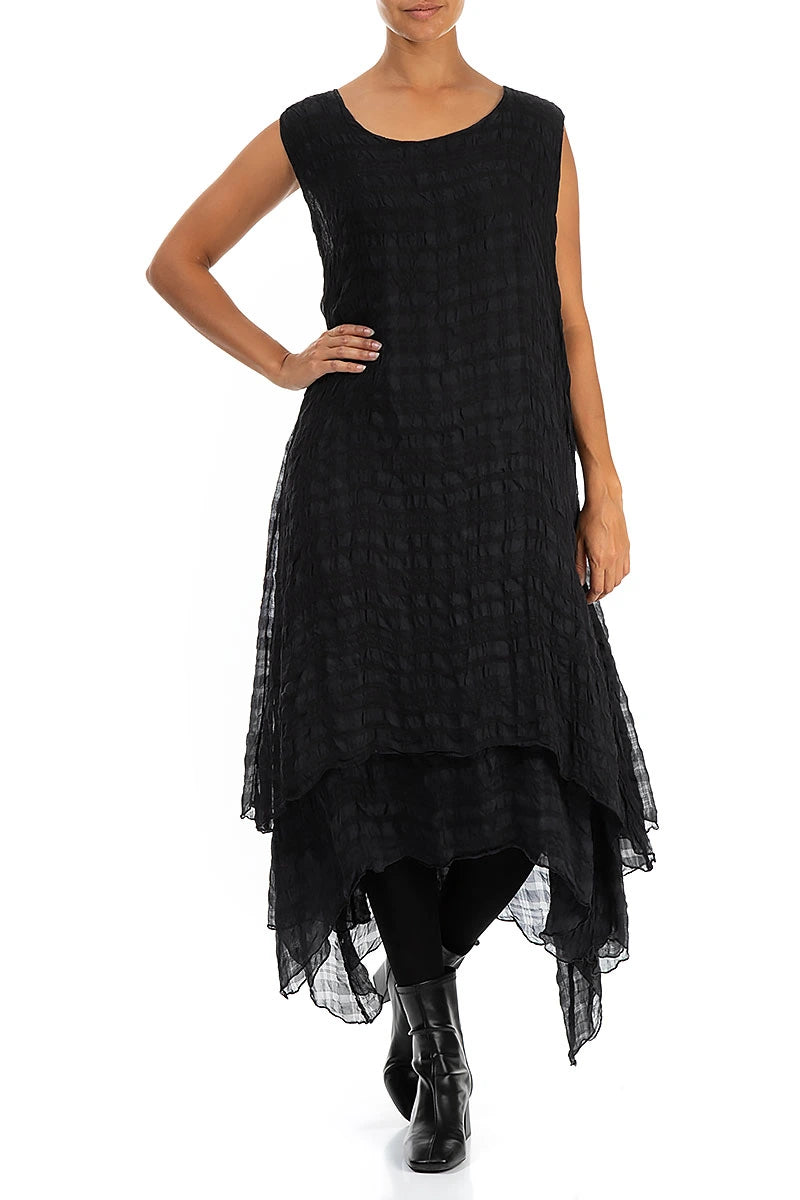 Sleeveless Flowy Black Textured Silk Dress