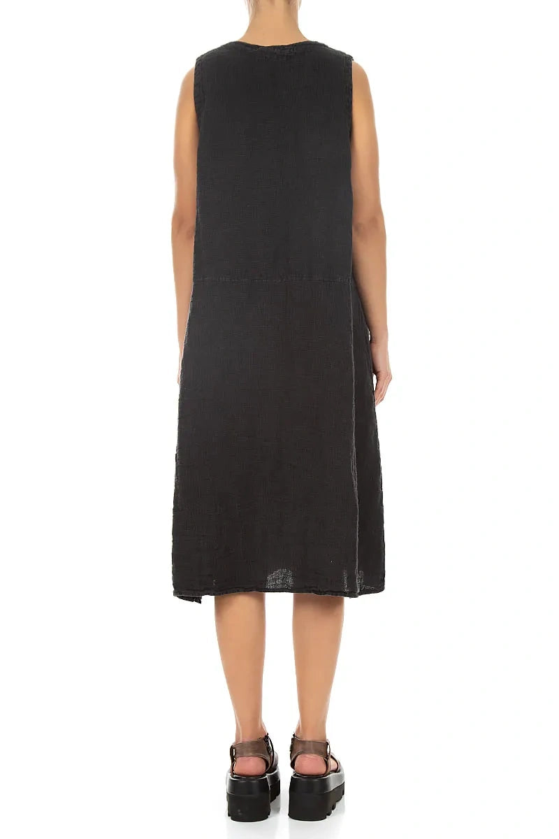 Sleeveless Four Pockets Charcoal Mélange Linen Dress 2