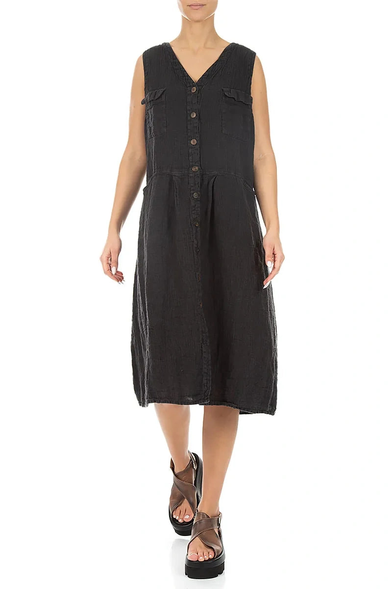 Sleeveless Four Pockets Charcoal Mélange Linen Dress 4