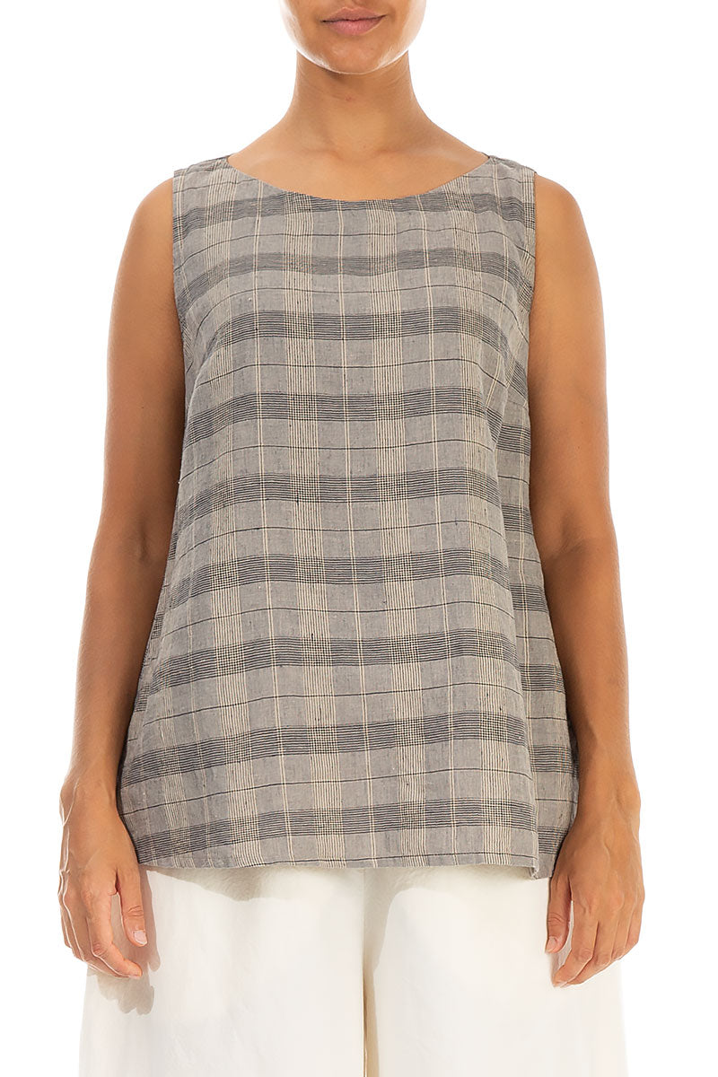 Sleeveless Greige Check Linen Blouse 1