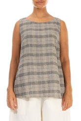Sleeveless Greige Check Linen Blouse 1