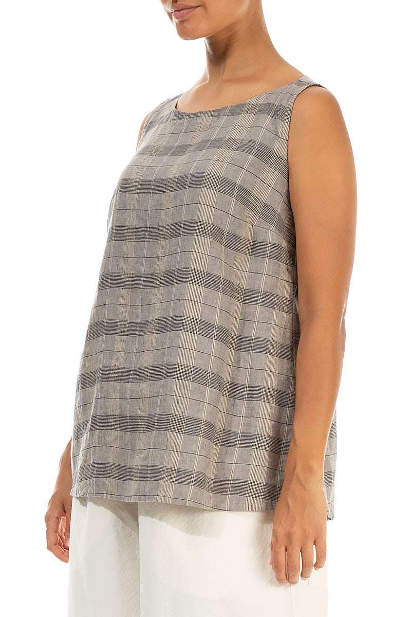 Sleeveless Greige Check Linen Blouse 3