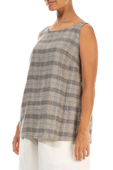 Sleeveless Greige Check Linen Blouse 3
